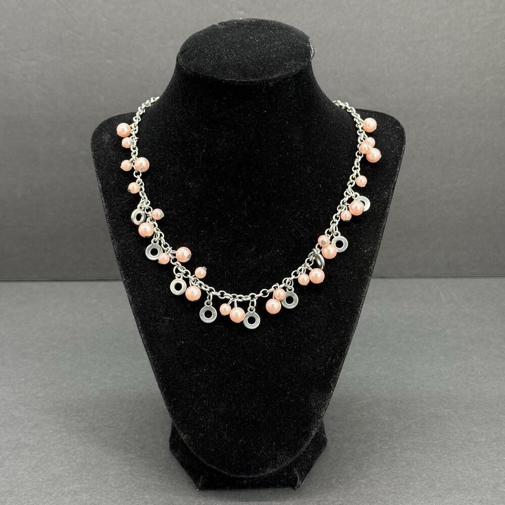 Paparazzi Elegant Ensemble Pink Faux Pearl Silver Tone Dangle Charm Necklace